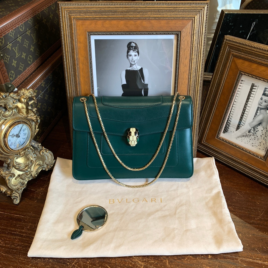 Bvlgari Serpenti Forever Shoulder Bag Emerald Green Leather Gold Hardware