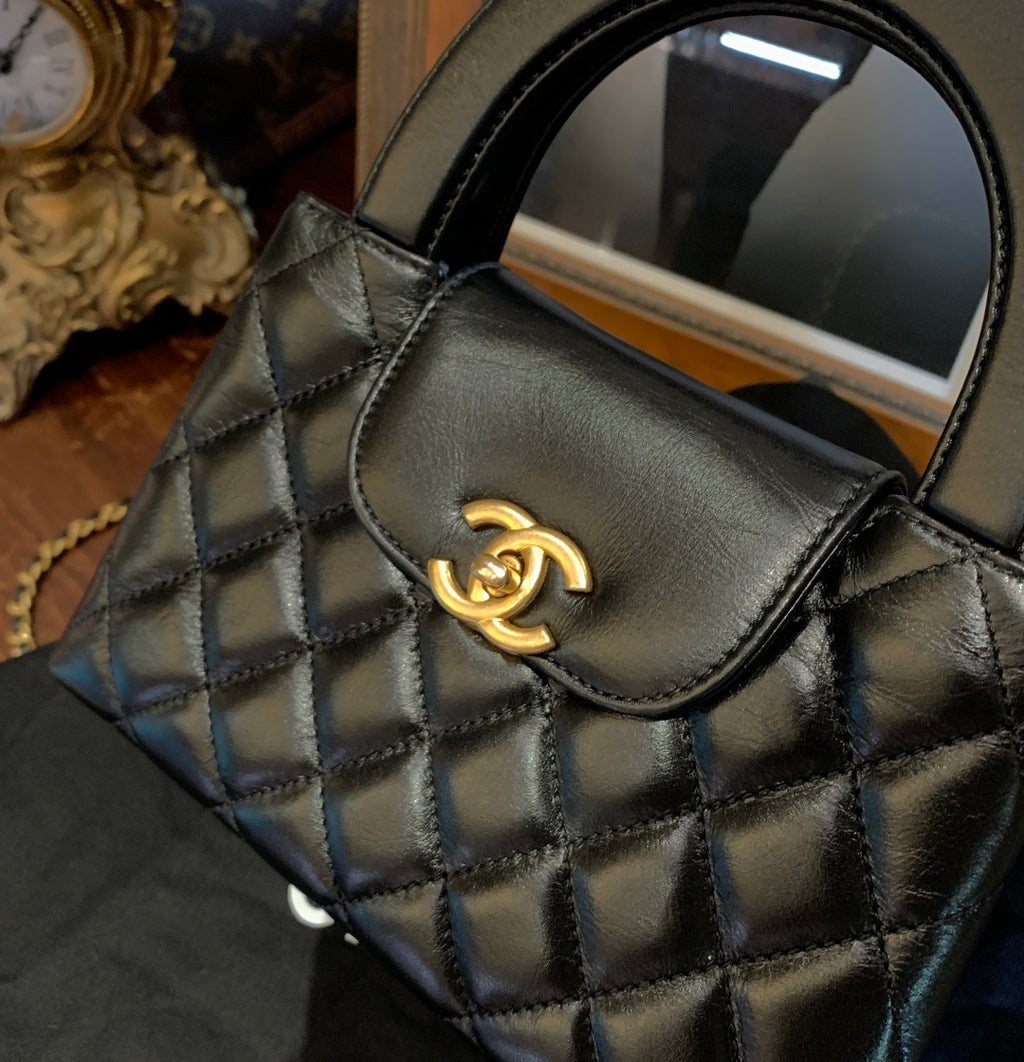 Chanel Mini Top Handle Flap Bag Black Quilted Leather Gold Hardware