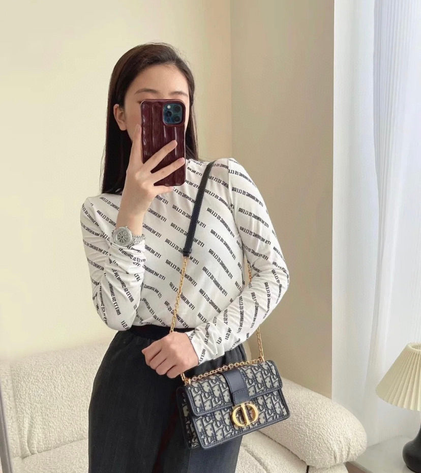 Dior 30 Montaigne Shoulder Bag Navy Blue Dior Oblique Canvas Gold Hardware