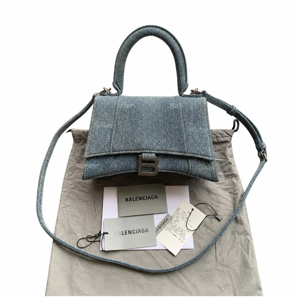 Balenciaga Hourglass Bag Blue Denim Aged Silver Hardware