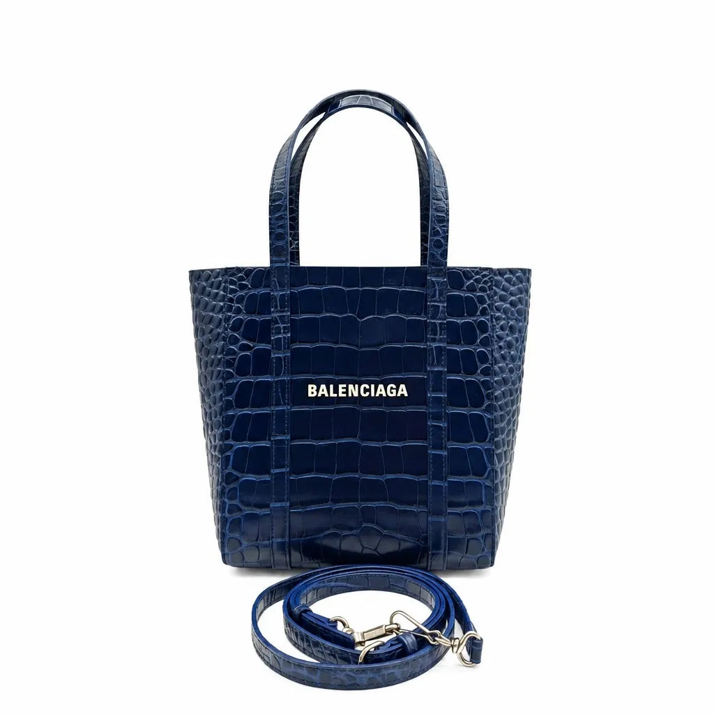 Balenciaga Everyday Tote Bag Navy Blue Crocodile-Embossed Leather Silver Hardware