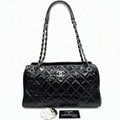 Chanel Quilted Tote Bag Black Patent Leather Silver Hardware