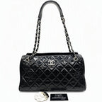 Chanel Quilted Tote Bag Black Patent Leather Silver Hardware