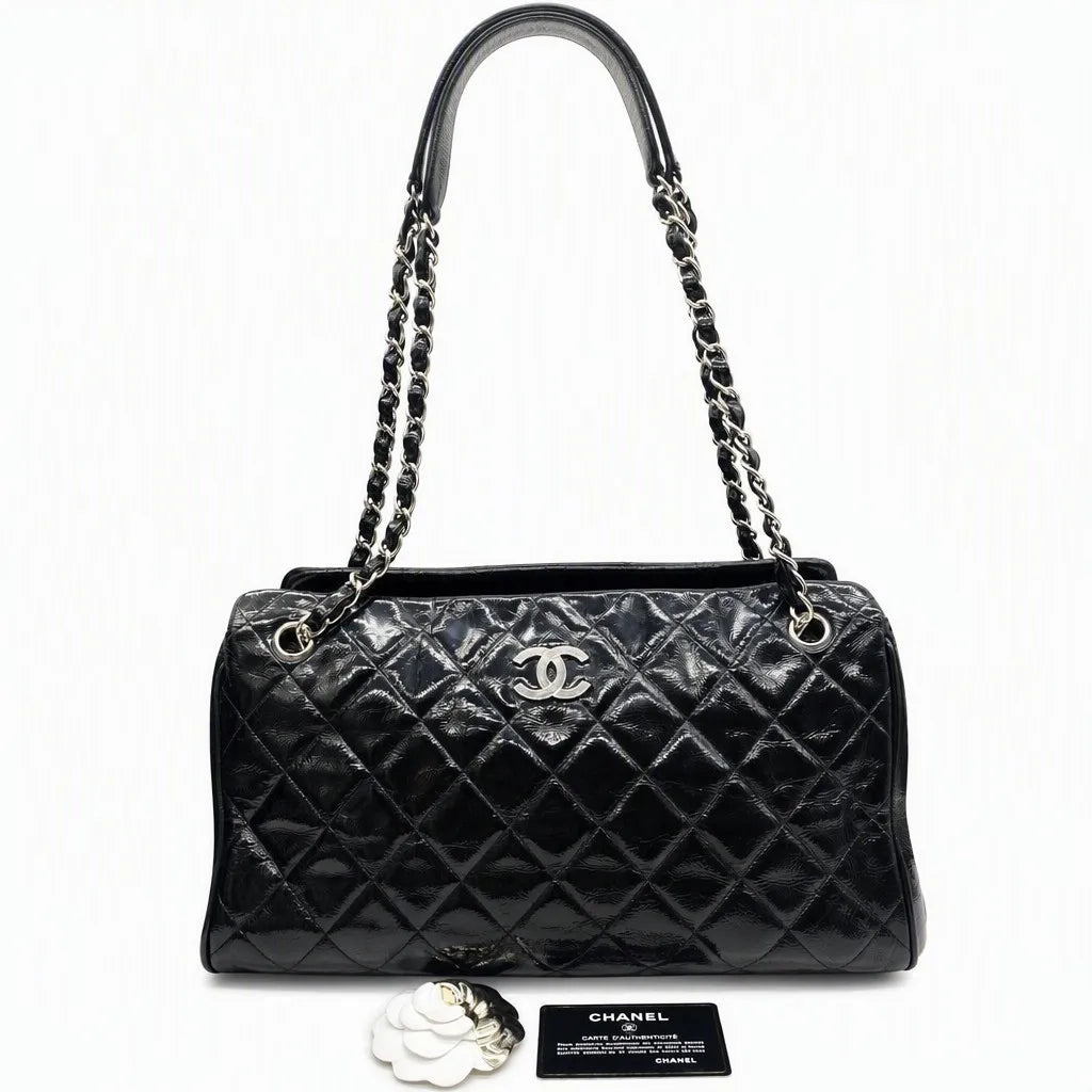 Chanel Quilted Tote Bag Black Patent Leather Silver Hardware