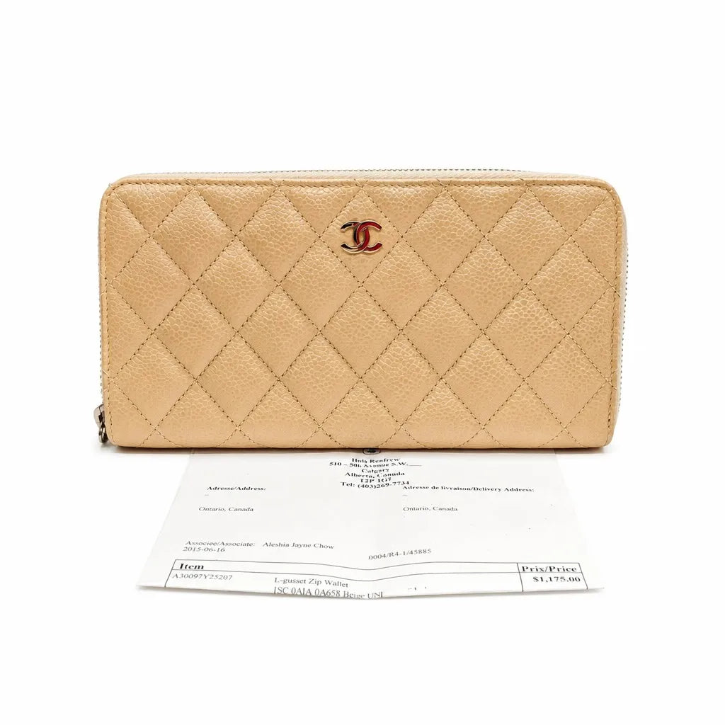 Chanel Classic Zip-Around Wallet Beige Caviar Leather Silver Hardware