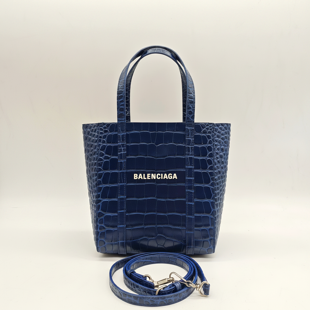 Balenciaga Everyday Tote Bag Navy Blue Crocodile - White Background